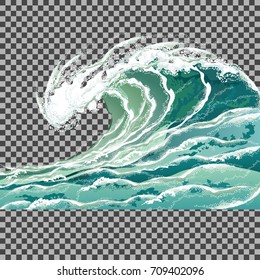 Sea wave. Hand drawn vector illustration isolated on transparent background. 