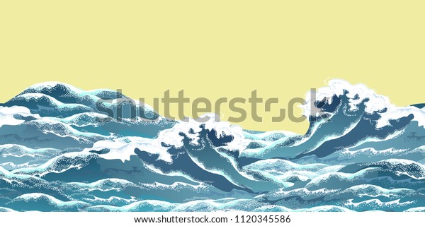 黄色い背景に海波の水平シームレスな模様を描いた 東洋ビンテージ浮世絵 リアルなベクターイラスト 視差効果に対応 のベクター画像素材 ロイヤリティフリー Shutterstock