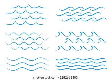 Sea wave icon set. Collection of thin line waves. Flat vector illustration