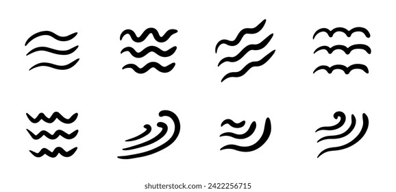 Sea wave icon set in doodle style, vector illustration of sea or ocean water flow