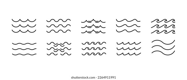 Conjunto de iconos de la onda marina. Conjunto de ondas de línea delgada. Diversos ríos de agua de olas. Logotipo del agua, símbolo del océano de línea en estilo vectorial plano. Patrón de línea abstracta sin inconvenientes. Símbolo de contorno de agua. Señales de mar y océano