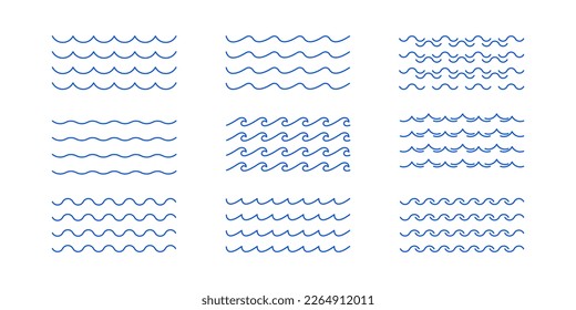 Sea wave icon set. Set of thin line waves. Various wave water lake river. Water logo, line ocean symbol in vector flat style. Seamless abstract line pattern. Water outline symbol. Sea and Ocean signs