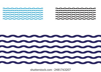 Conjunto de iconos de olas marinas. Conjunto de ondas de línea delgada. Diverso río de agua de ola. Logotipo de agua, línea océano símbolo en estilo plano de Vector. Patrón de línea abstracta sin fisuras. Símbolo de contorno de agua. Señales de mar y océano