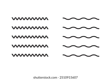 Conjunto de ícones de onda marítima. Conjunto de ondas de linha fina. Vários rio de lago de água de onda. Logotipo da água, símbolo da linha do oceano em estilo plano vetorial. Padrão de linha abstrata sem emenda. Símbolo de contorno de água. Sinais marítimos e oceânicos