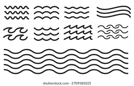 Conjunto de iconos de onda de mar: Vector de símbolos de agua de línea delgada, conjunto de iconos de contorno de agua: Ilustración vectorial gráfica de onda plana