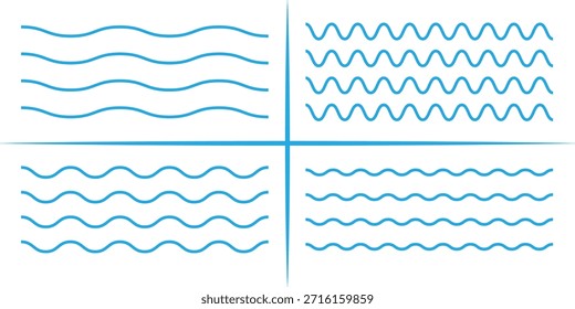 Conjunto de iconos de olas de mar. Conjunto de ondas de línea delgada. Varias olas de agua del río del lago. Logotipo del agua, símbolo del océano de la línea en estilo plano del Vector. Línea en zigzag. Logotipo del agua, colección del Vector del símbolo.
