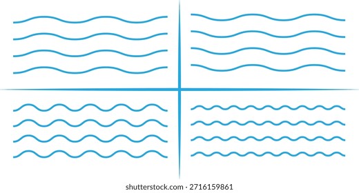 Conjunto de iconos de olas de mar. Conjunto de ondas de línea delgada. Varias olas de agua del río del lago. Logotipo del agua, símbolo del océano de la línea en estilo plano del Vector. Línea en zigzag. Logotipo del agua, colección del Vector del símbolo.
