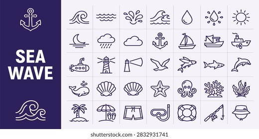 Sea wave icon set. Set of thin line waves. Various wave water lake river. Water logo, line ocean symbol in vector flat style. Seamless abstract line pattern. Water outline symbol. Sea and Ocean signs
