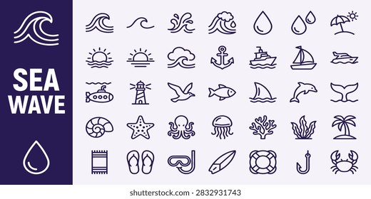 Sea wave icon set. Set of thin line waves. Various wave water lake river. Water logo, line ocean symbol in vector flat style. Seamless abstract line pattern. Water outline symbol. Sea and Ocean signs