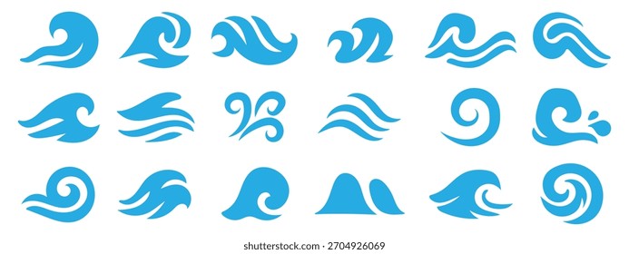 Conjunto de iconos de olas de mar Vector. Riega las corrientes de marea tribales con remolinos de brisa. Olas de agua, olas del océano y salpicaduras símbolo de tormenta náutica. Ilustración vectorial.