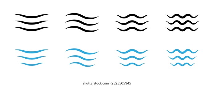 Conjunto de iconos de olas de mar. Ilustración vectorial de ondulación de la superficie del agua. Señal de flujo del río. Símbolo abstracto líquido. Pictograma de la curva de marea oceánica. Ondas de flujo de fluido aislado concepto colección diseño de contorno gráfico.