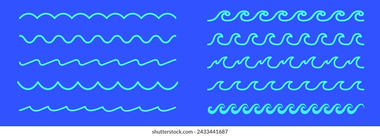 Sea wave icon set. Waves line set. Seamless vector marine wave decoration background.	

