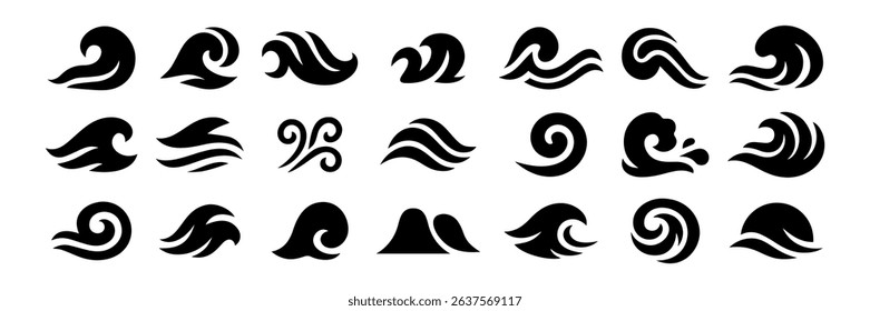Sea wave icons. Water waves, ocean wave and splashes nautical storm black tattoo symbols. Water tribal tidal streams with breeze swirls. Vector marine surf abstract logo set.