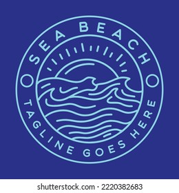 Sea Wave Illustration Monoline Vectorlogo, Beachvintage-Badge, kreatives Emblem-Design für T-Shirt