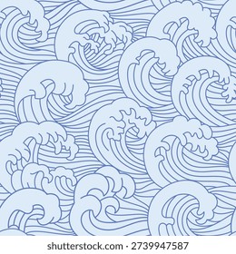 Sea wave Japanese seamless pattern. Ocean water abstract ornament, chinese decorative fabric line geometric background. Vintage oriental waves print. Nautical Ukiyo-e repeat wallpaper vector texture.