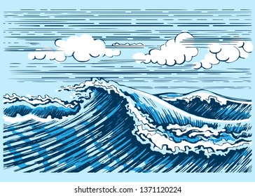 Sea wave landscape stylized graphic. Hand drawn sketch vector illustrations. Design ocean elements.