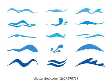 Sea wave, a large set of different icons, logos isolated on a white background, vector illustration, flat design. Abstract bend of water with splashes, wavy line. Cartoon element for design