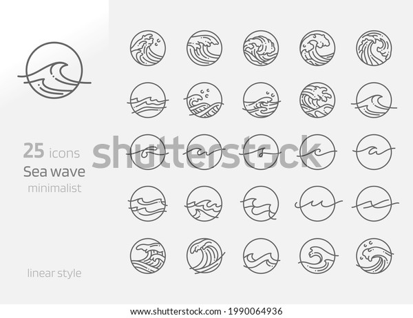 Sea wave line art minimalist vector illustration. Ocean round icon and