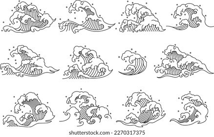 Sea wave line art vector illustration. Set of oriental wave illustration icon. Japan wave. Linear style.