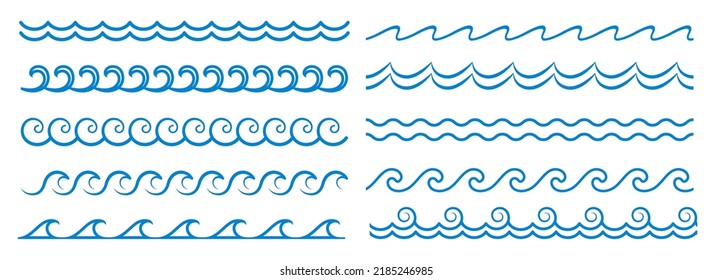 Sea wave line, blue water pattern borders and frames, vector ocean surf ripples. Wave and wavy line separators with tide ripples, zigzag curves and curls, linear boarders and frames or borders