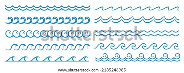 Sea wave line, blue water pattern borders and\
frames, vector ocean surf ripples. Wave and wavy line separators\
with tide ripples, zigzag curves and curls, linear boarders and\
frames or borders