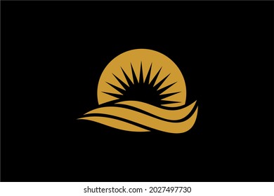 Logo-Design für Meereswellen. Sonnenuntergang Illustration Design. Wellen- und Sonnenvektorsymbole.