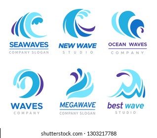 Sea wave logo. Ocean storm tide waves wavy river blue water splash design emblems labels vector isolated set