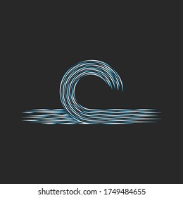 Sea wave logo thin lines design element, blue and white linear graphics on a black background, wave crest fashion print for t-shirts or clothes
