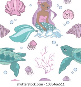 SEA WAVE Mermaid Princess Seamless Pattern Vector Illustration