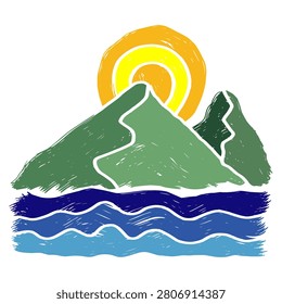 Sea wave, mountain range and sun with paint brush stroke on white background