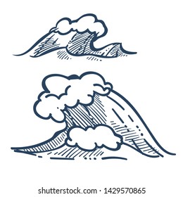 Sea wave or ocean storm isolated sketches vector beach tide or splash with foam marine or nautical symbol drawing traveling or voyage sailing or surfing seascape wild nature foamy water surface.