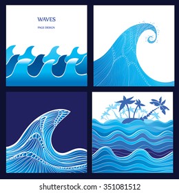Sea, Wave, Ocean, tsunami vector illustration - set of 4 water backgrounds. Graphic waves and tropical island with palm trees. Blue watercolor wave silhouette with stripes. High Wave concept. Eps 10.