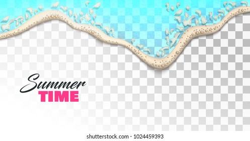 Sea wave on shore realistic background. 3d Azure blue ocean water with foam bubbles backdrop template transparent background space text. Tropical travel, summer vacation holiday paradise resort layout