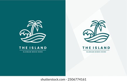 Sea wave palm tree line art logo minimalist vector symbol illustration design.