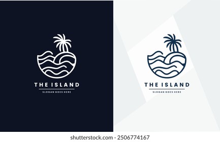 Diseño minimalista de la ilustración del símbolo del Vector del logotipo del arte de la línea de la palmera de la onda del mar.