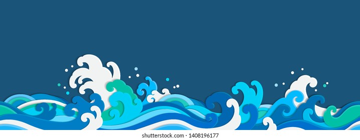 Sea wave paper cut seamless wallpaper. Isolated on blue background. Designed in papercraft style.- Vector illustration.