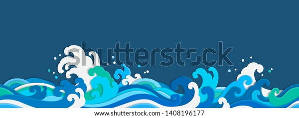 Sea\
wave paper cut seamless wallpaper. Isolated on blue background.\
Designed in papercraft style.- Vector\
illustration.