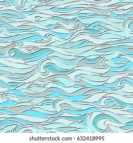 Sea wave pattern. Abstract vector sea water seamless texture. Graphic illustration. Blue stained glass imitation