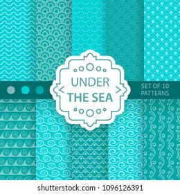 Sea wave pattern backgrounds. Vector illustration for abstract aqua design. Set of turquoise wave background surface, wallpaper. Simple minimalistic geometric pattern elements. Graphic water ornament.