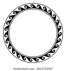 Sea wave pattern, circle frame with seamless meander design. Also known as running dog, scroll or Vitruvian wave pattern. Repeated motif with connected spirals, moving around a circle. Illustration.