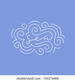 Sea wave pattern lettering. Thin line ocean scuba diving, surfing, windsurfing and other water activity logo concept. Wave riders decorative sign. Hand drawn calligraphy sign. Blue vector illustration