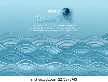 Meereswellen-Muster in Papierschnitt-Stil mit Weltwassertagssprache und Beispieltexten auf blauem Papiermuster-Hintergrund. Poster's Kampagne des Wassertages in Vektordesign.