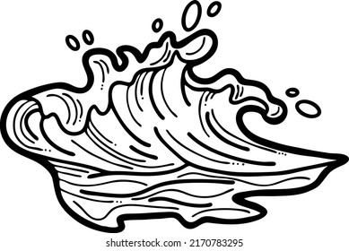 Sea wave, powerful splash energy of nature. Nautical ocean theme with ocean storm, summer holiday. For surfing and sailing decoration element. Hand drawn illustration. Old comic cartoon style drawing.
