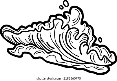 Sea wave, powerful splash energy of nature. Nautical ocean theme with ocean storm, summer holiday. For surfing and sailing decoration element. Hand drawn vector illustration. Cartoon style drawing.