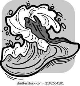 Sea wave, powerful splash energy of nature. Nautical ocean theme with ocean storm, summer holiday. For surfing and sailing decoration element. Hand drawn vector illustration. Cartoon style drawing.