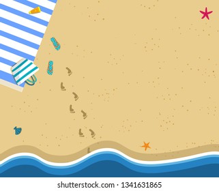 Sea Wave and Sand Beach Square Banner with Copy Space. Top View. Ocean Coast, Footprints. Travel Background. Summer Time Rest Concept. Tourist Seaside Season. Vacation Cartoon Flat Vector Illustration