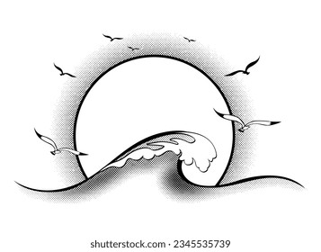 Sea wave and seagulls at sunset backlight. Vector monocolor template on transparent background