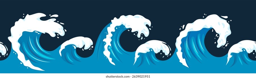 Sea wave seamless border. Cartoon ocean storm waves with curling foam for surf, beach and water sport concept. Isolated vector horizontal wavy endless frame border.