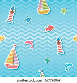 Sea wave seamless pattern decorated with sailboat, dolphins, starfish, little fishes, and lighthouse on blue background.