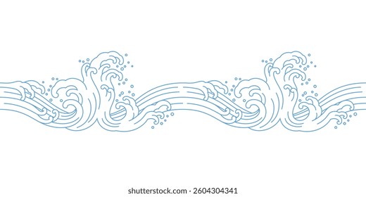 sea wave seamless pattern outline decoration. oriental nature vintage ocean element marine template